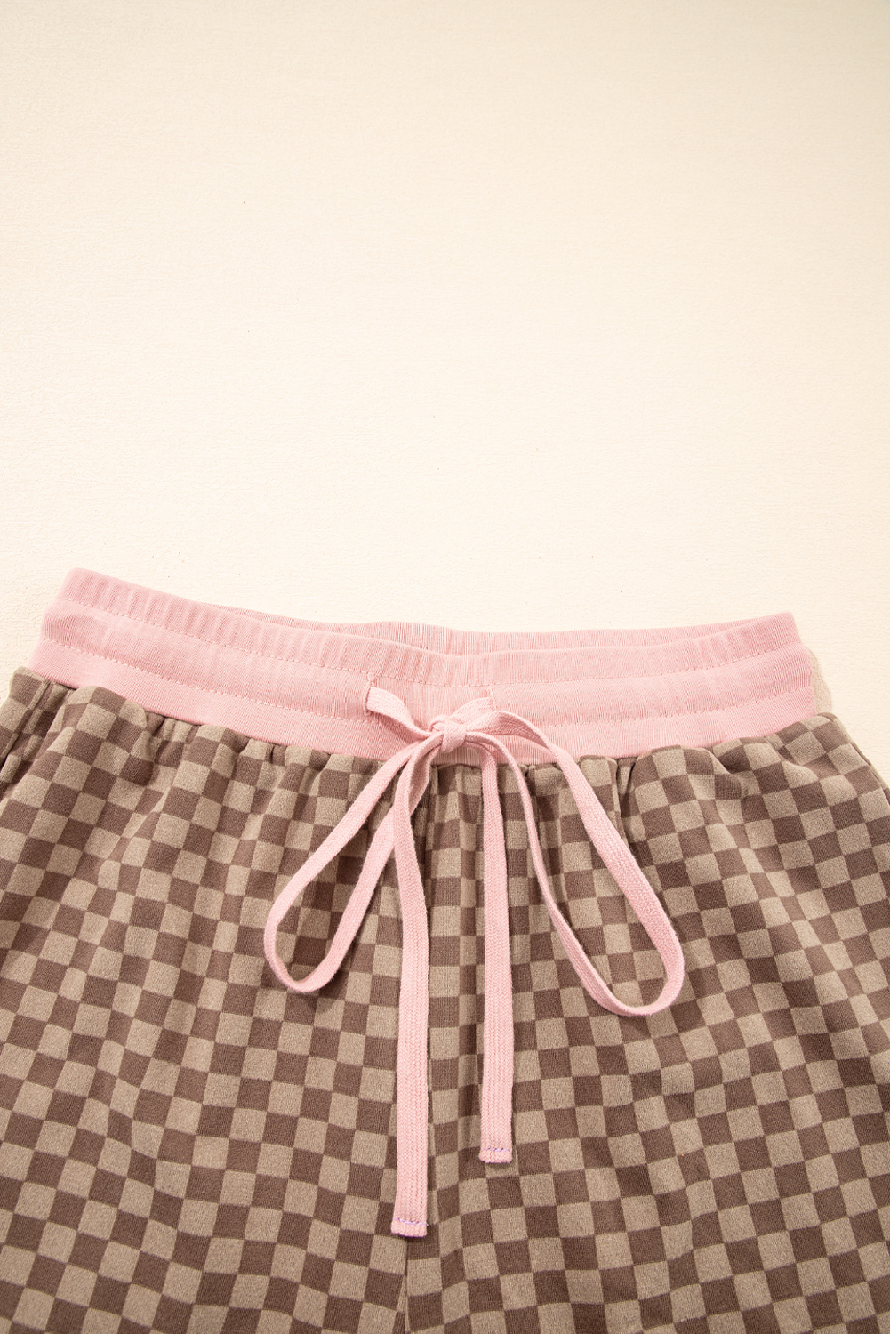 Women's Brown Checkerboard Long Sleeve Pullover and Lace-Up Shorts Set - Detail View 13