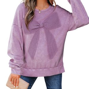 Women's Orchid Bouquet Mineral Wash Pullover – Cozy Big Bow Patchwork Sweatshirt for Daily Style - Main View