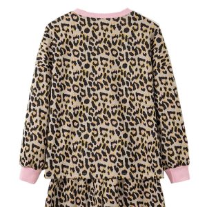 Women's Pink Leopard Print Long Sleeve Pullover Shorts Set – Casual Daily Wear with Contrast Edges