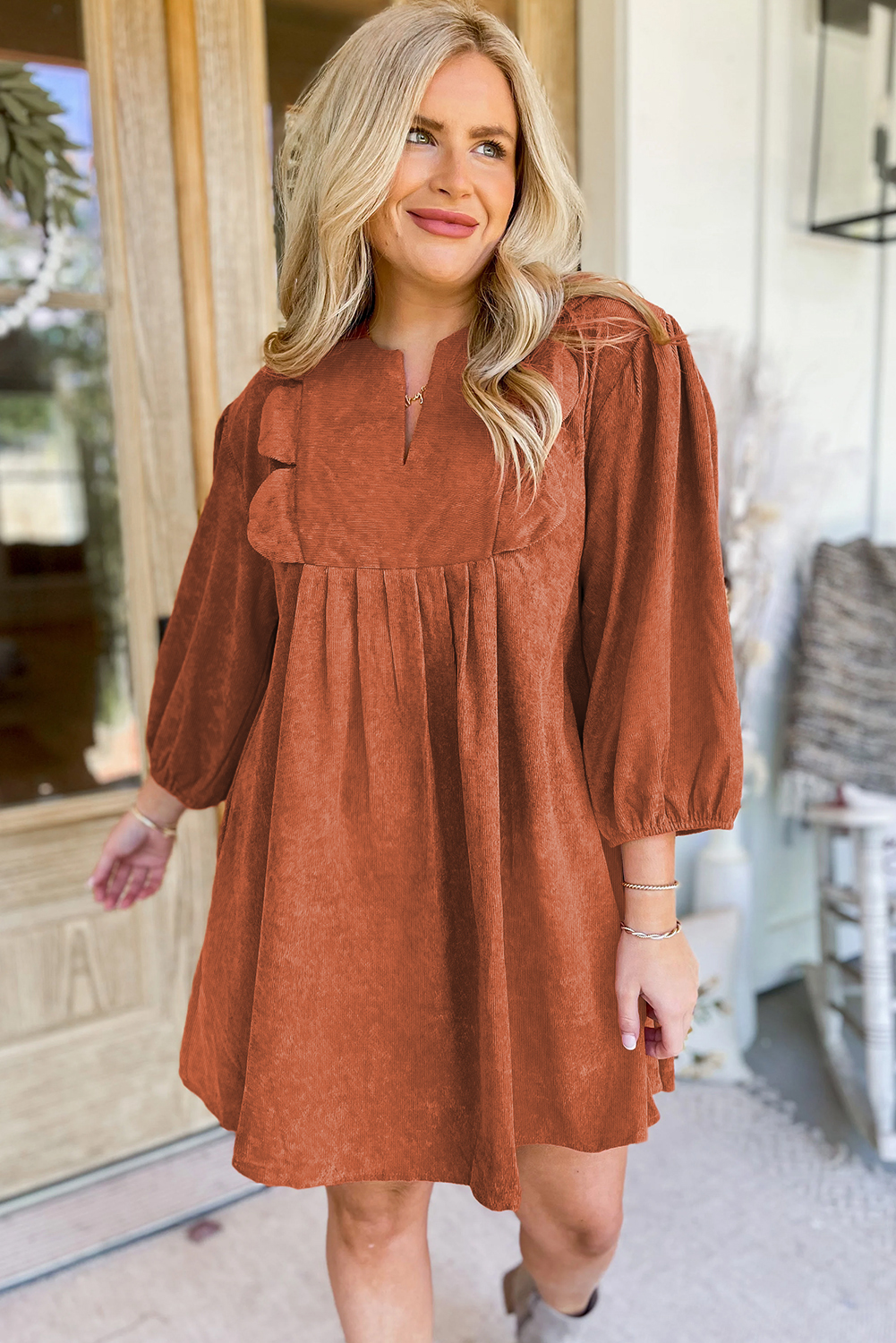 Casual V Neck Cinnamon Pleated Corduroy Dress - Perfect for Fall & Autumn - Detail View 6