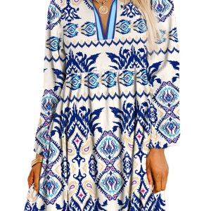 Women's Blue Ethnic Print Striped Split Neck Long Sleeve Flowy Mini Dress for Vacation - Main View