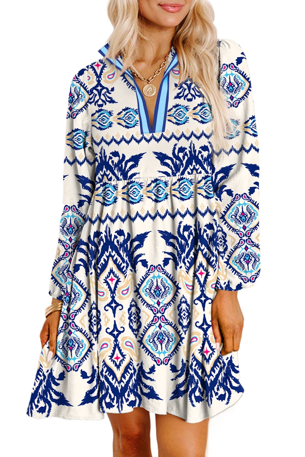 Women's Blue Ethnic Print Striped Split Neck Long Sleeve Flowy Mini Dress for Vacation - Main View