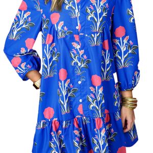 Women's Blue Floral Print Ruffle Hem Dress with 3/4 Puff Sleeves and Button Details - Main View