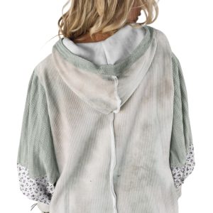 Women's Green Floral Patched Waffle Textured Colorblock V Neck Casual Hooded Top - Main View