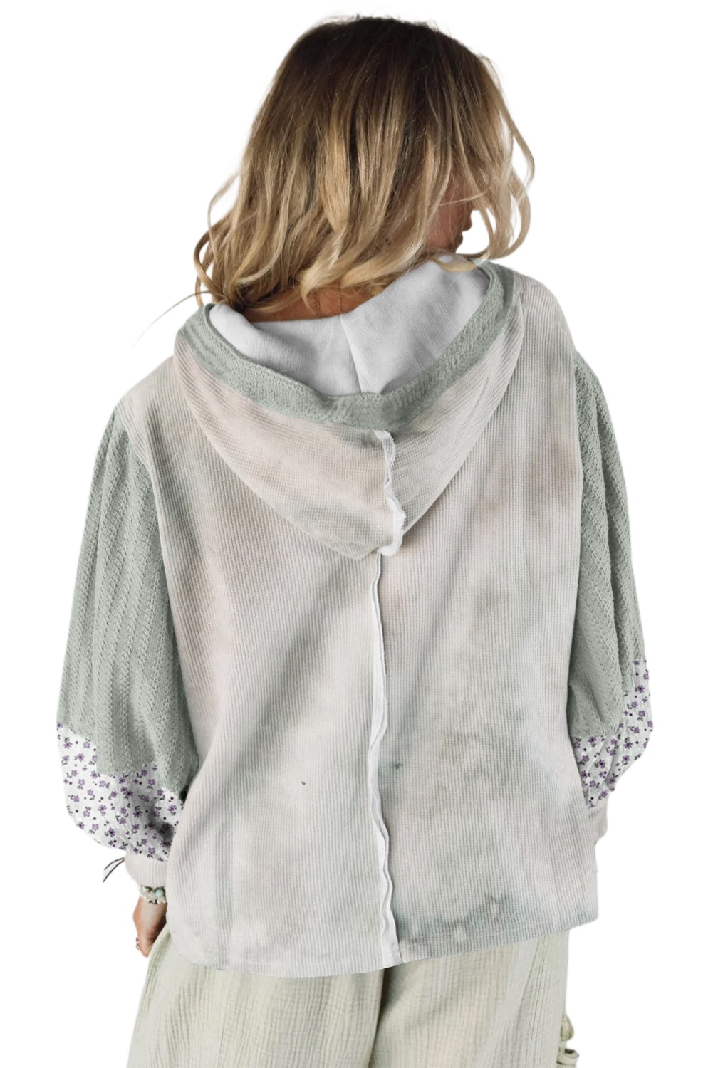 Women's Green Floral Patched Waffle Textured Colorblock V Neck Casual Hooded Top - Main View
