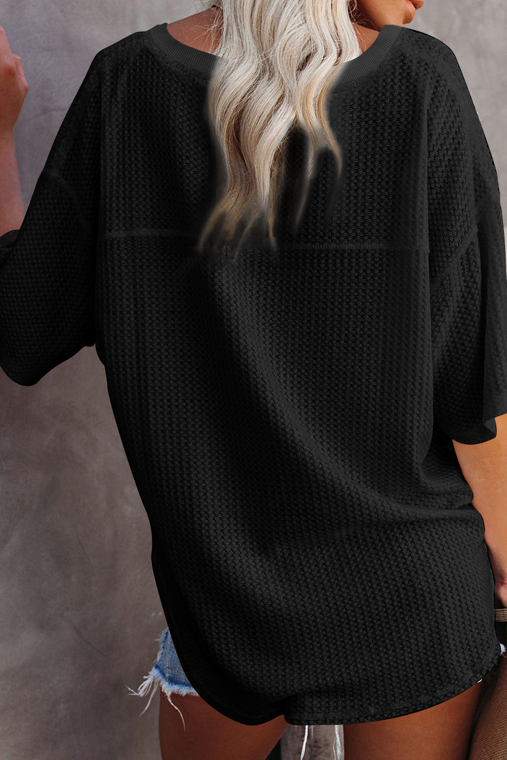 Stylish Black Waffle Knit Tee with Drop Shoulders for Beach and Daily Wear - Detail View 2