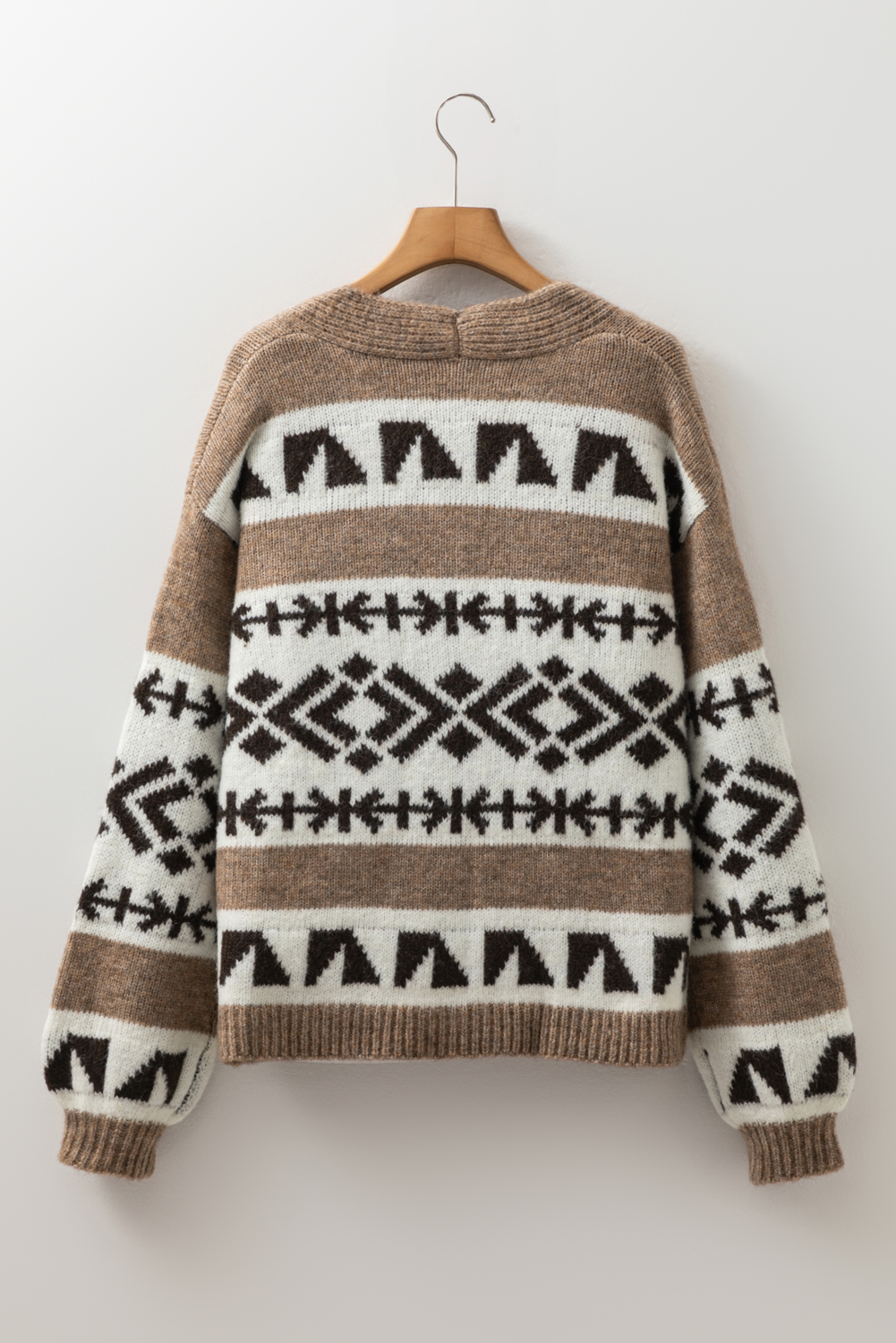 Women's Dark Khaki Ethnic Geometric Pattern Button Front V Neck Sweater Cardigan - Detail View 9