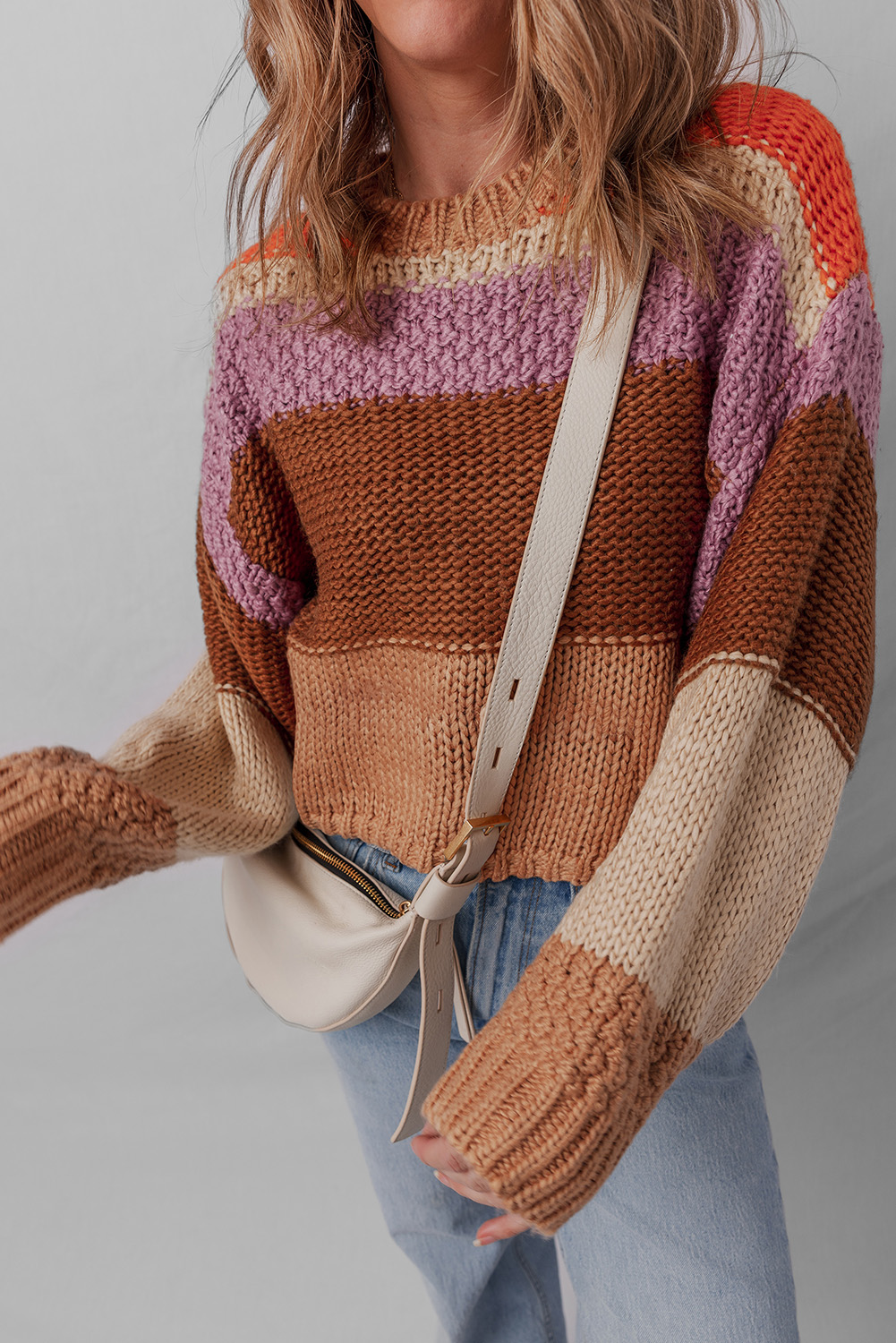 Women's Multicolour Cropped Colorblock Drop Shoulder Knitted Sweater for Casual Style - Detail View 5