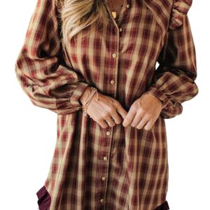 Women's Red Plaid Ruffled Long Sleeve Mini Shirt Dress – Casual Daily Wear with Patchwork Hem - Main View