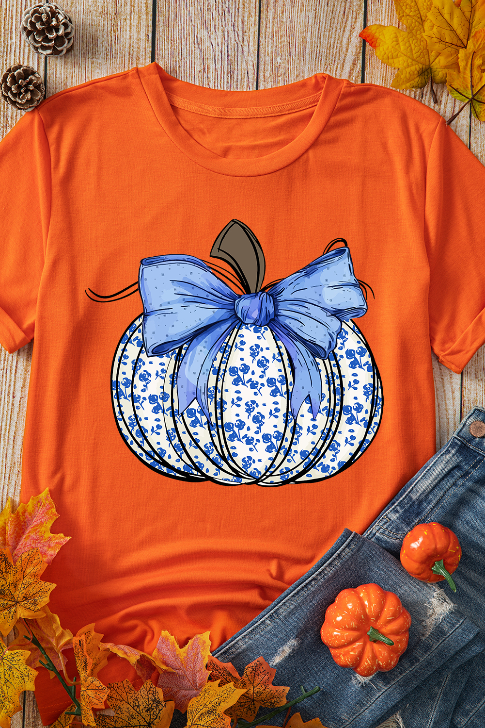 Casual Short Sleeve Round Neck Tee with Pumpkin Bow Graphic - Perfect for Thanksgiving - Detail View 10