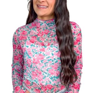Women's Pink Floral Mesh Long Sleeve Mock Neck Top – Chic Spring Style for Night Out - Main View