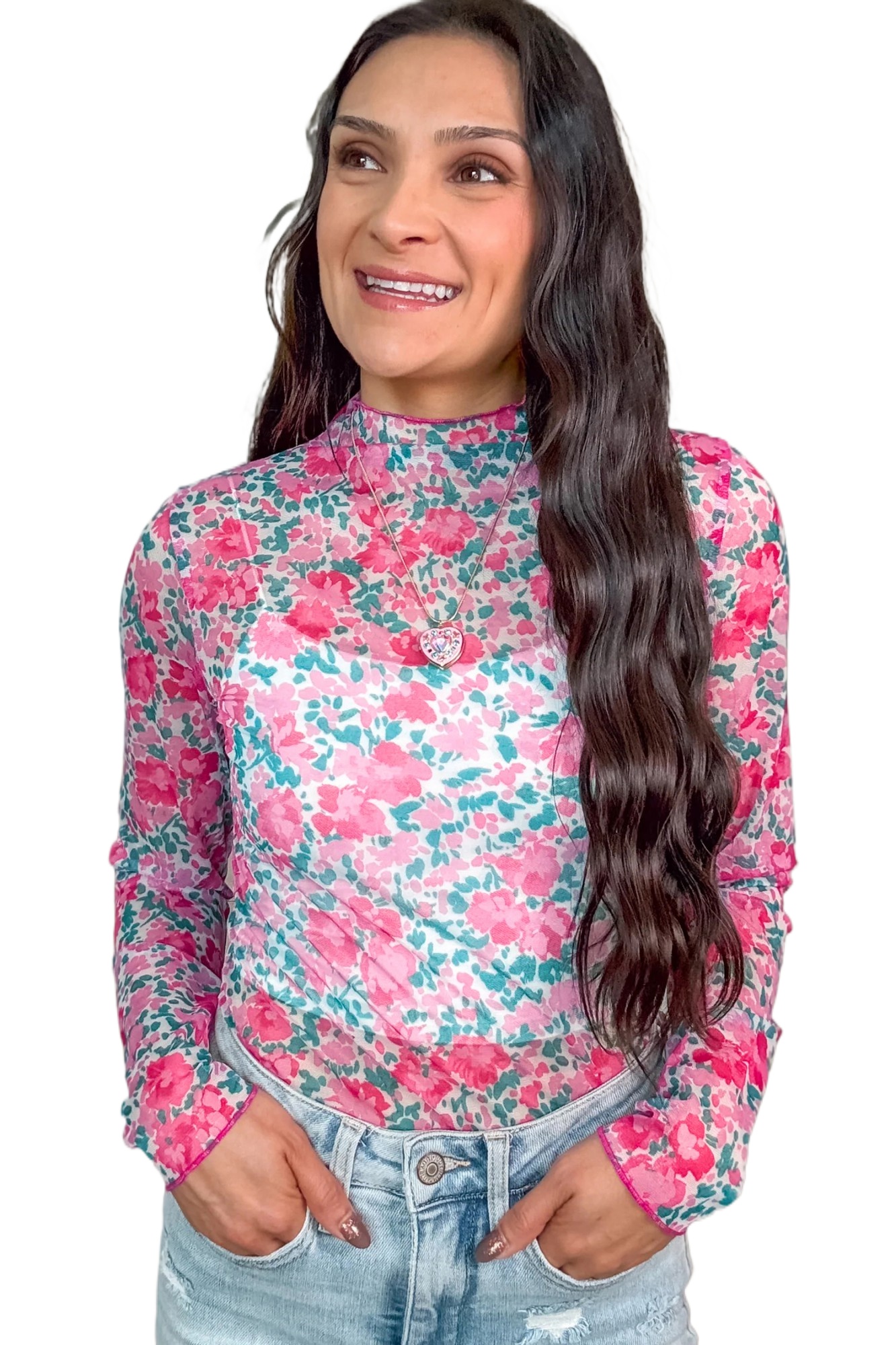Women's Pink Floral Mesh Long Sleeve Mock Neck Top – Chic Spring Style for Night Out - Main View