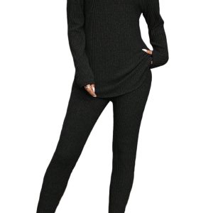 Women's Black Ribbed Long Sleeve Lounge Set – Casual High Waist Leggings Two Piece