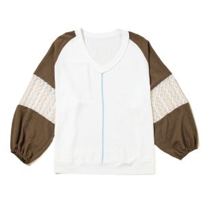 Plus Size Green Colorblock Lace Patchwork Balloon Sleeve V Neck Blouse - Main View