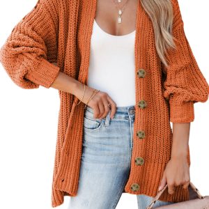 Women's Gold Flame Button Front V Neck Chunky Cardigan Sweater with Pockets - Main View