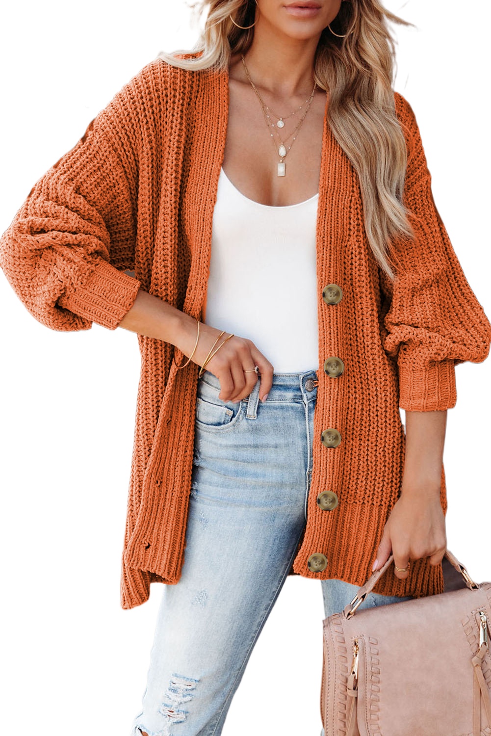 Women's Gold Flame Button Front V Neck Chunky Cardigan Sweater with Pockets - Main View