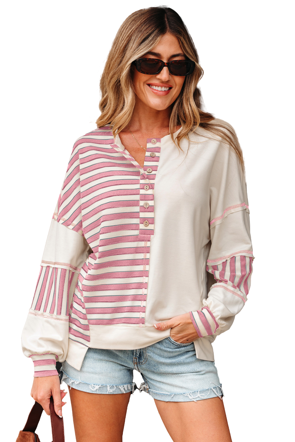 Casual V Neck Long Sleeve Top - Pink Striped Patchwork Design - Detail View 18