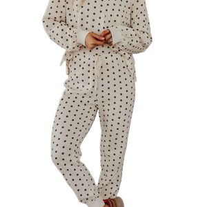 Women's White Polka Dot Print Notched Neck Long Sleeve Top & Drawstring Jogger Pants Waffle Knit Lounge Set - Main View