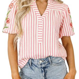 Women's Pink Striped V Neck Blouse – Floral Embroidered Puff Sleeve Casual Shirt