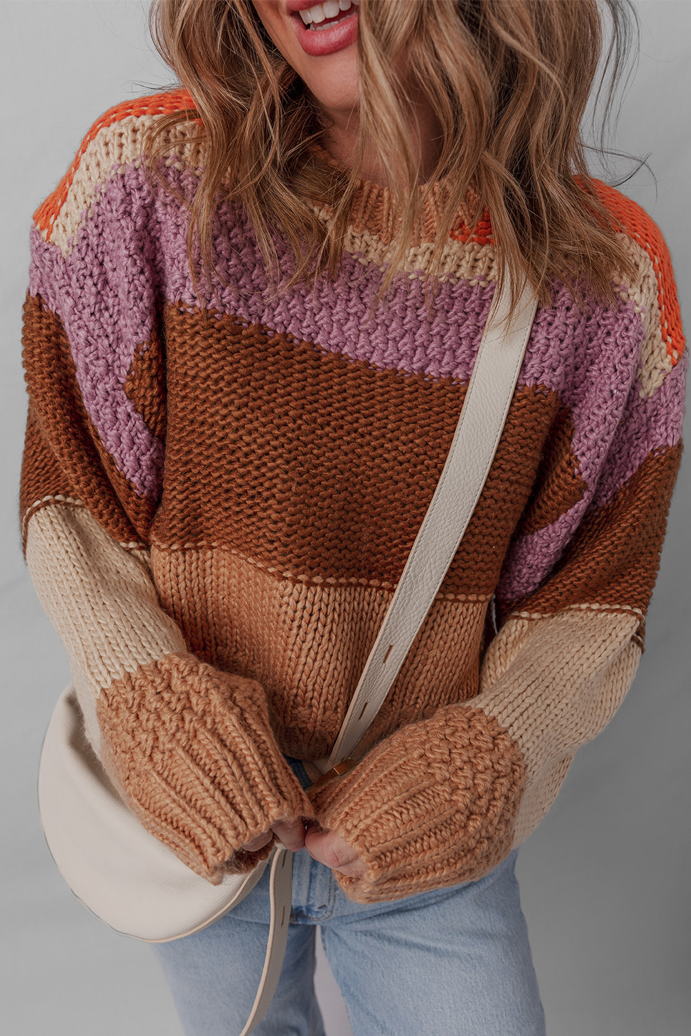 Trendy Long Sleeve Crewneck Sweater with Unique Colorblock Design - Perfect for Fall - Detail View 6