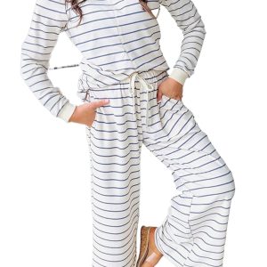 Women's Sail Blue Striped Long Sleeve Top with Drawstring Wide Leg Pants 2-Piece Outfit - Main View