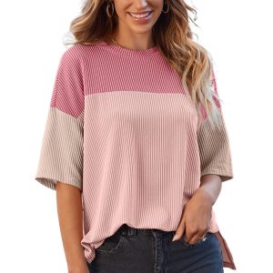 Women's Pink Color Block Half Sleeve Top with Ribbed Side Slits - Main View