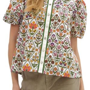 Women's Floral Short Bubble Sleeve Shirt – Casual Green Shift Blouse for Office & Daily Wear