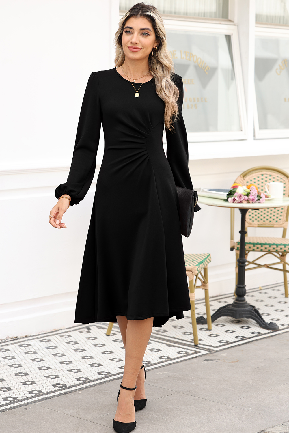 Chic Asymmetric Fit and Flare Midi Dress - Long Sleeve with Round Neck - Detail View 14