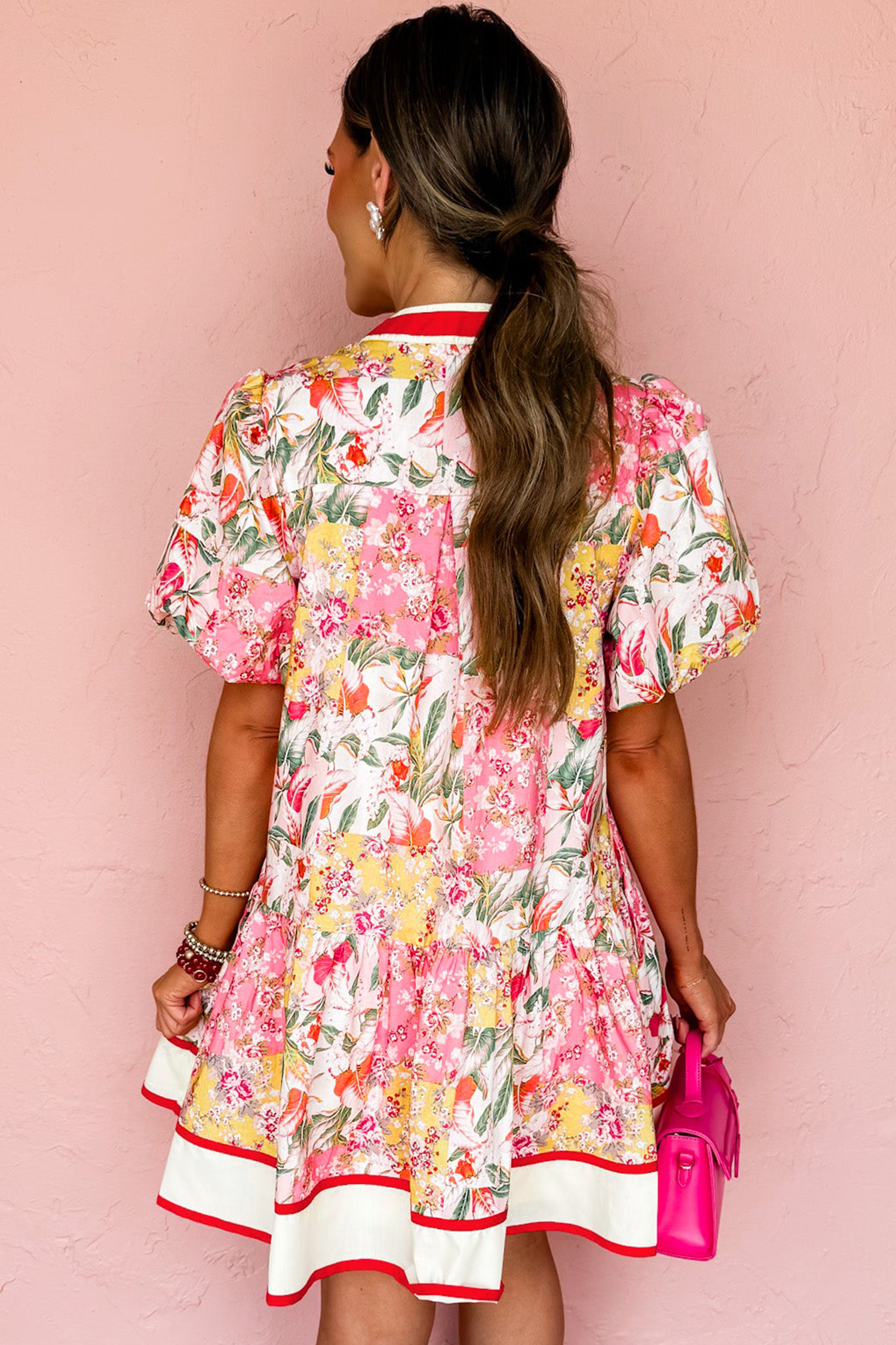 Women's Floral Print Shift Dress – Short Sleeve V-Neck Mini Dress for Vacation & Easter - Detail View 2