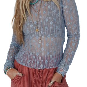 Women's Ashleigh Blue Sheer Floral Lace Long Sleeve Slim Fit Top - Elegant Round Neck Design - Main View