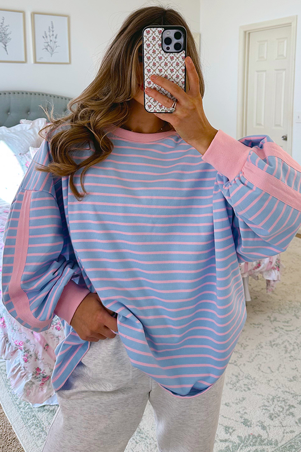 Fashionable Oversized Long Sleeve Top with Striped Pattern - Sky Blue - Detail View 6