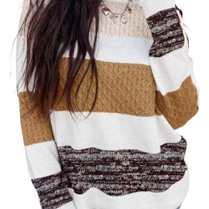 Women's Brown Striped Color Block Loose Knit Sweater for Daily Wear