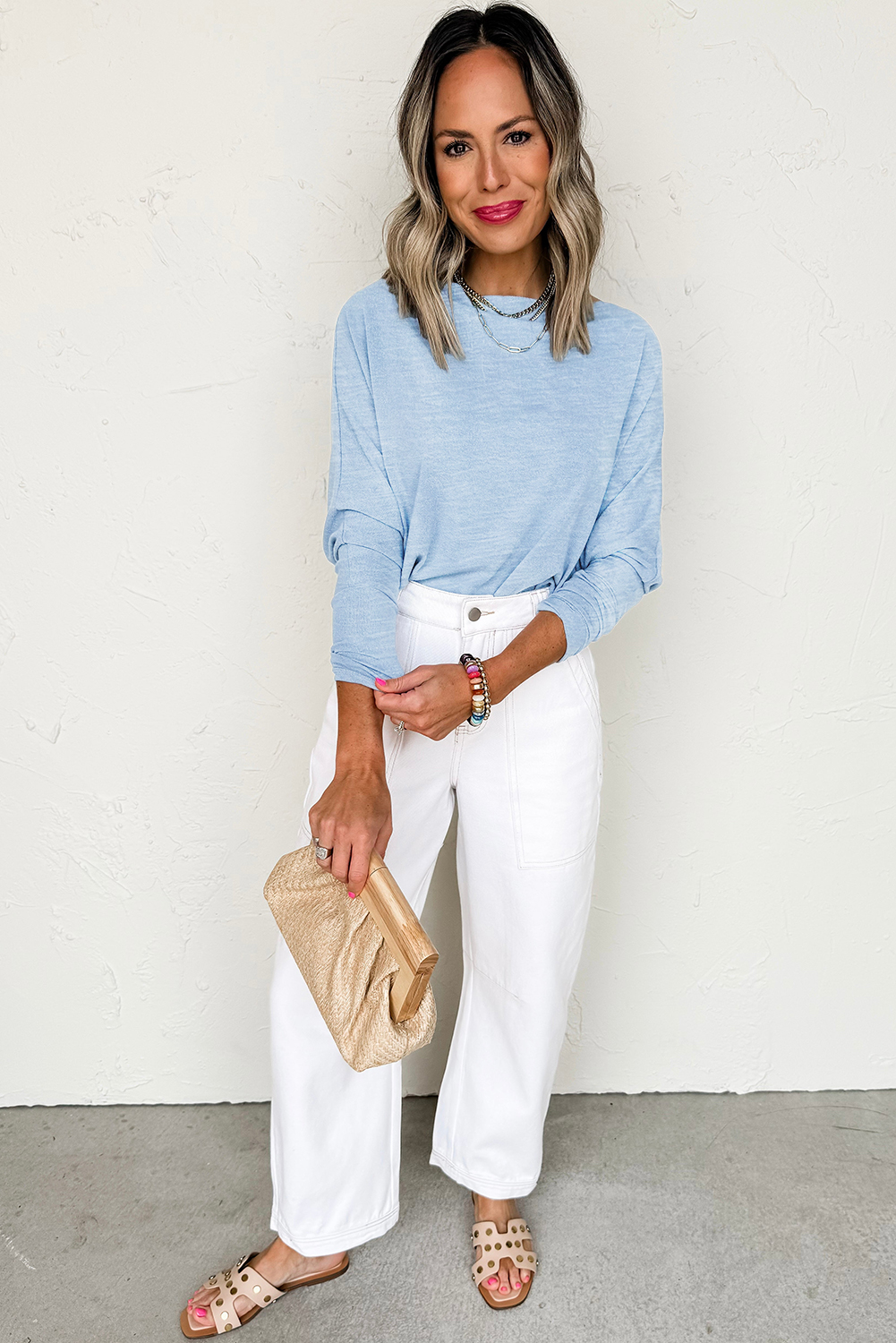Versatile Round Neck Batwing Top in Beau Blue - Ideal for Beach, Vacation, and Office - Detail View 7