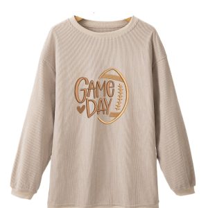 Women's Smoke Gray Twisted Rib Texture Game Day Rugby Embroidered Baggy Sweatshirt - Main View