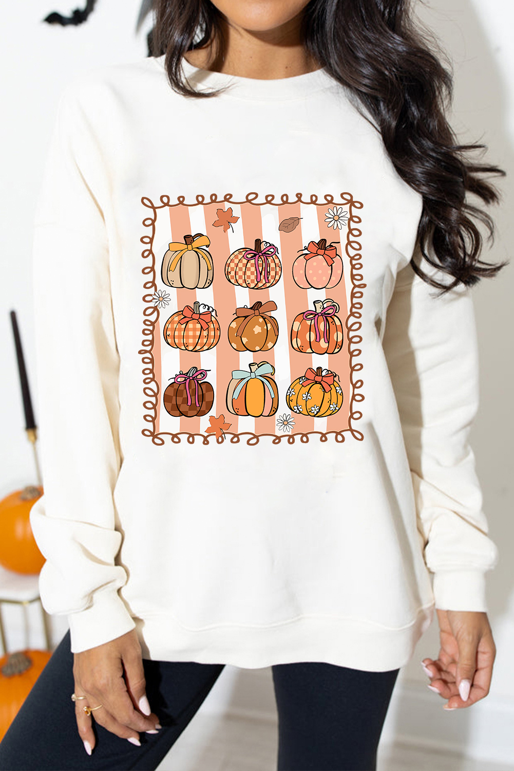 Women's White Fall Bow Pumpkin Graphic Sweatshirt - Cozy Casual Style - Detail View 5