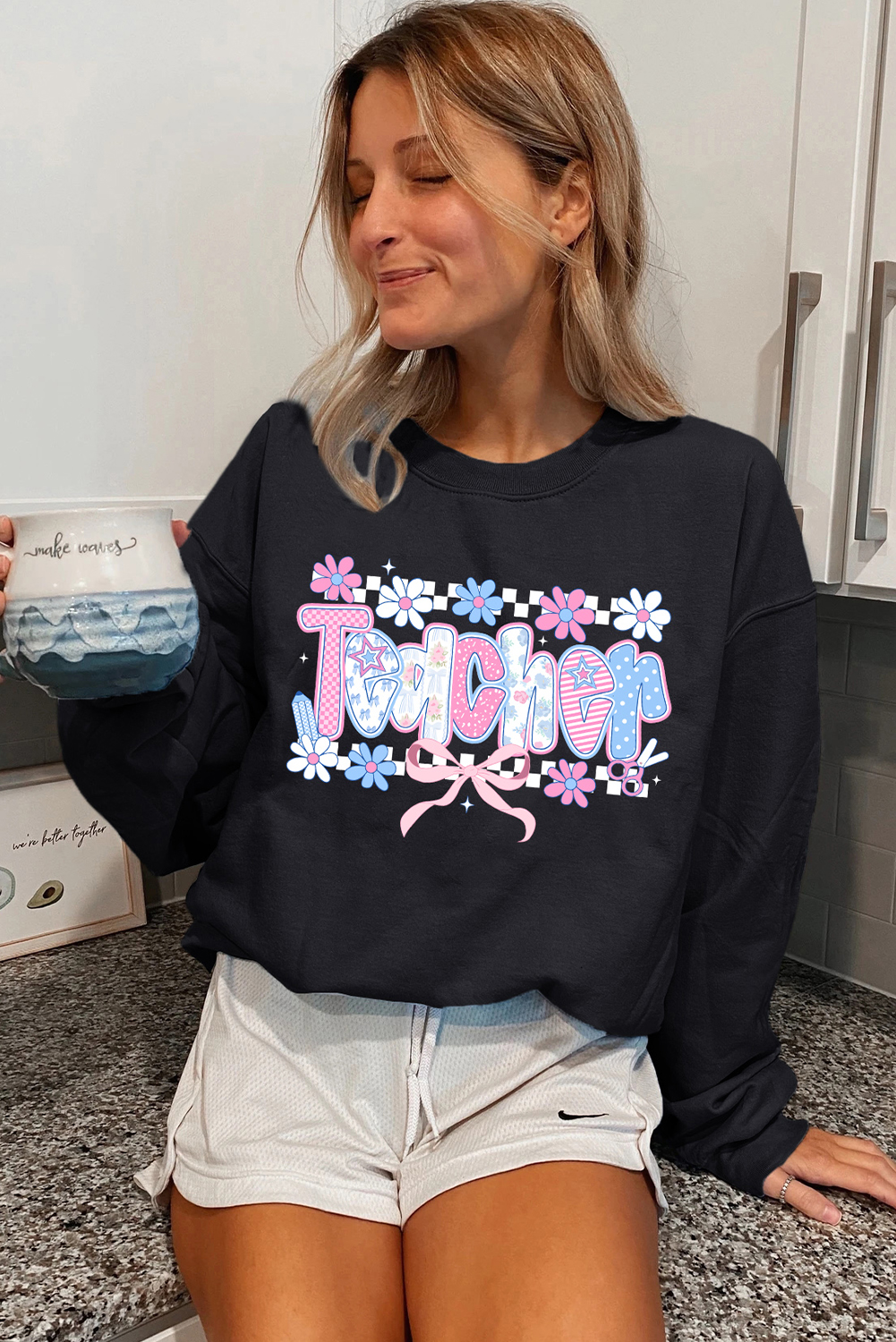 Women's Black Custom Teacher Graphic Sweatshirt - Floral & Letter Print - Detail View 5