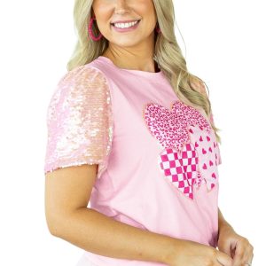 Light Pink Heart Print Tee with Sequin Trim – Casual Short Sleeve Top for Women