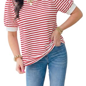 Women's Red Stripe Contrast Trim Puff Sleeve T-Shirt – Casual Summer Essential