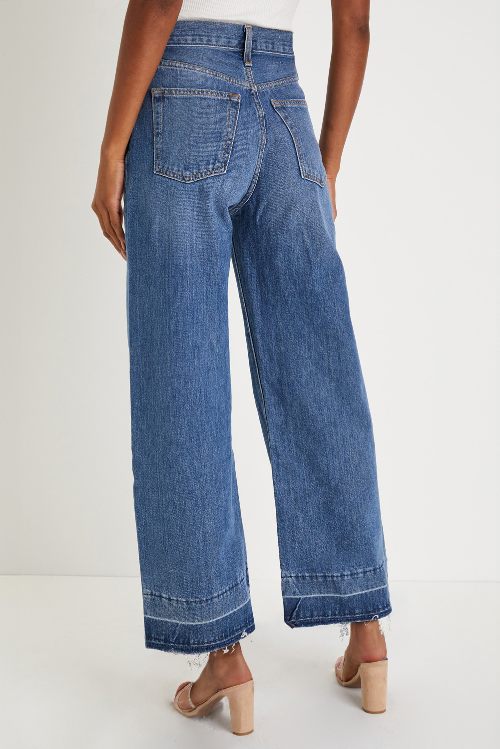 Casual High Waist Denim Jeans in Sail Blue with Raw Hem Design - Detail View 2