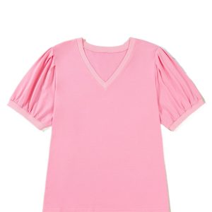 Bonbon V Neck Pleated Plus Size Blouse for Women - Short Puff Sleeve Summer Top