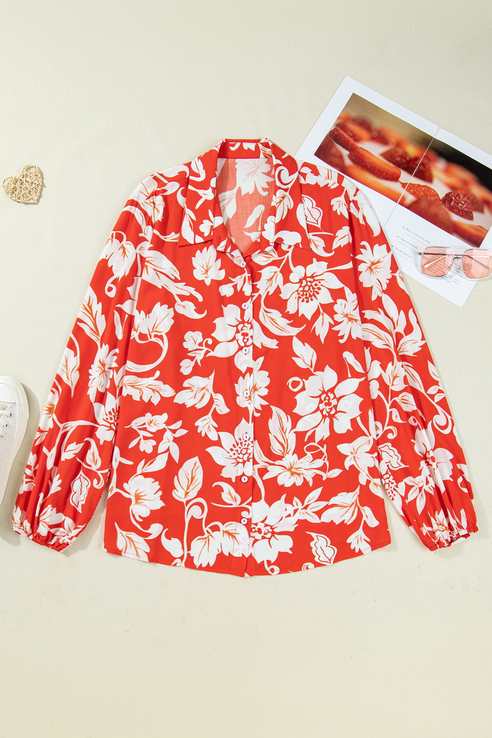 Comfortable and Stylish Plus Size Loose Fit Floral Shirt with Round Neck and Long Sleeves - Detail View 3
