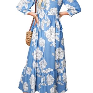 Women's Sky Blue Floral Print Button Down Long Dress with Ruffle Hem and 3/4 Sleeves - Main View