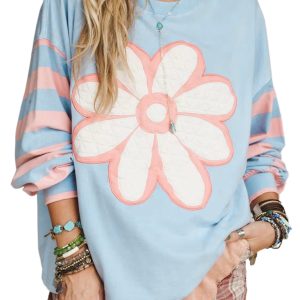Women's Beau Blue Floral Striped Long Sleeve Top – Casual Spring Style for Daily Wear