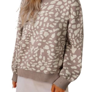 Casual Gray Leopard Spots Drop Shoulder Sweater with Ribbed Trim - Main View