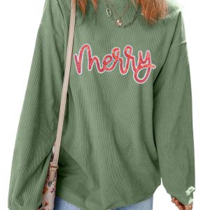 Casual Women's Grass Green Sequined Merry Letter Graphic Sweatshirt for Daily Wear - Main View