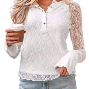 Women's White Sheer Lace Long Sleeve Henley Top for Office Wear