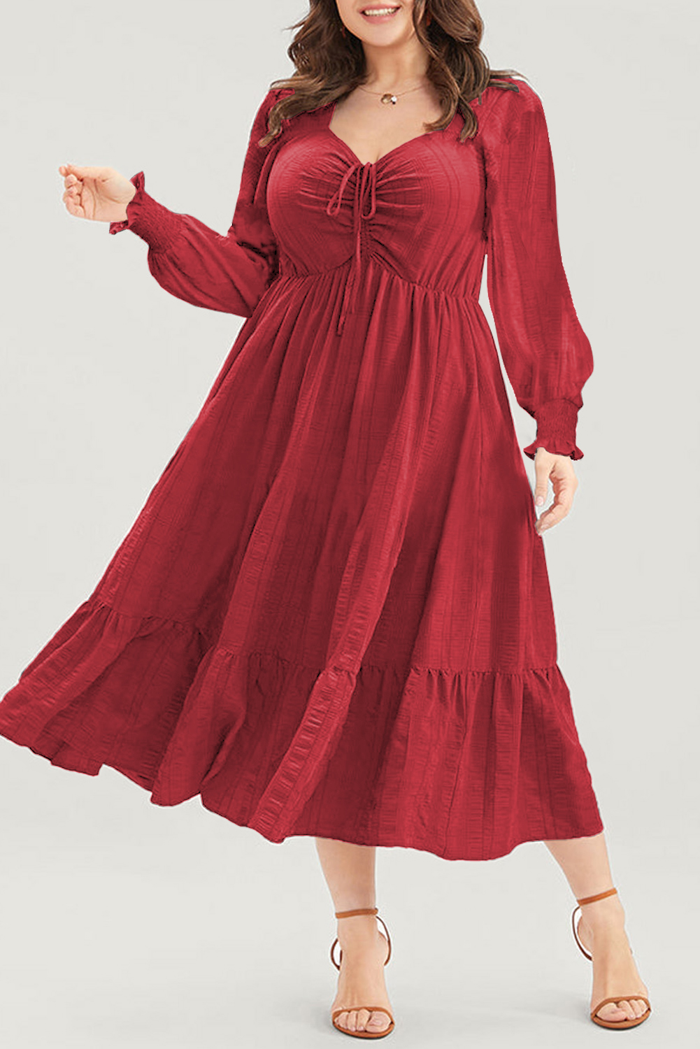 Plus Size Dress, Fiery Red, Midi Dress, Long Sleeve, Ruffle Hem, Lace-up, Ruched Front, Elegant Style, Daily Wear, High Waist, Comfortable Fit, Solid Pattern - Detail View 8