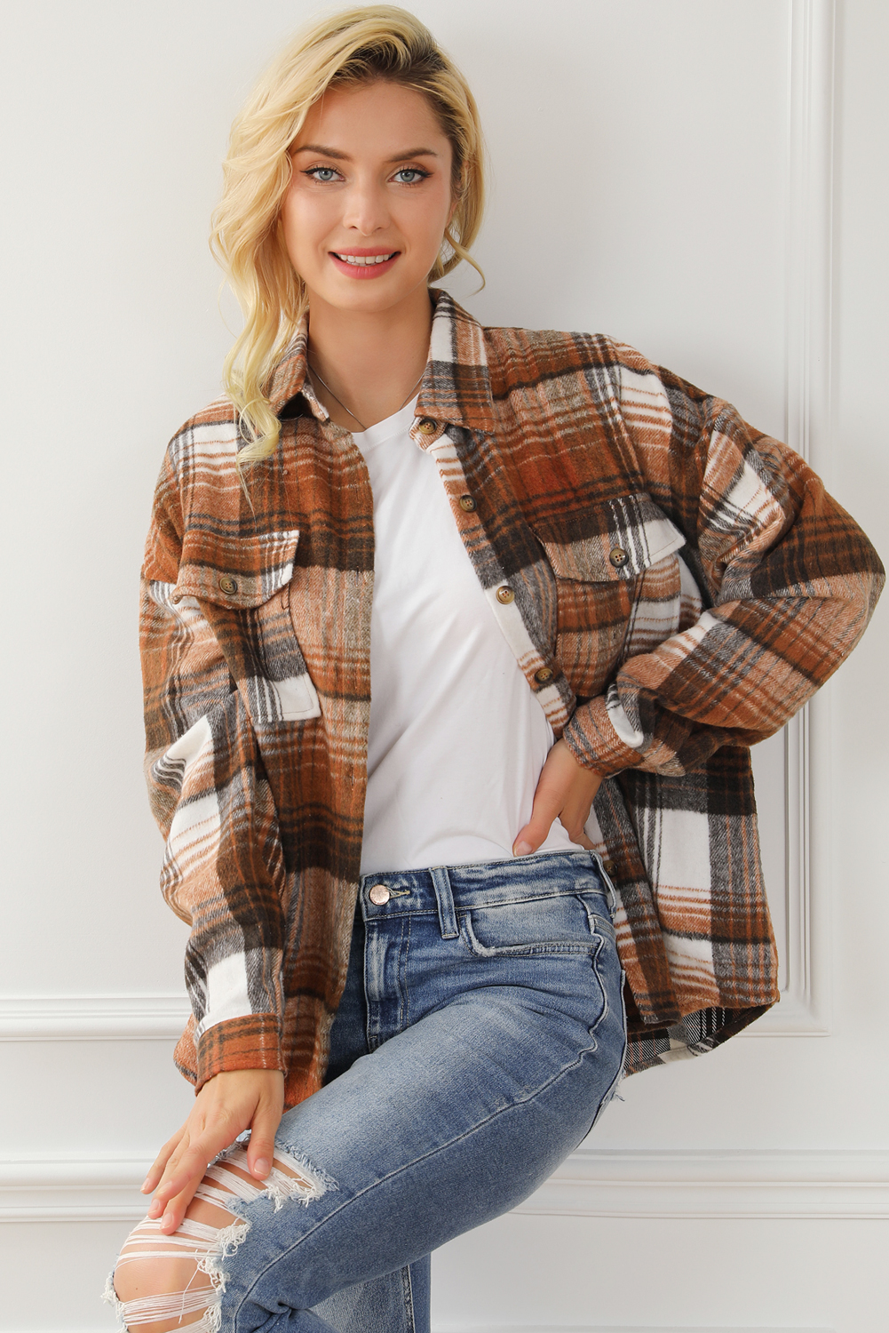Trendy Long Sleeve Brown Plaid Shacket with Flap Pockets for Daily Wear - Detail View 6