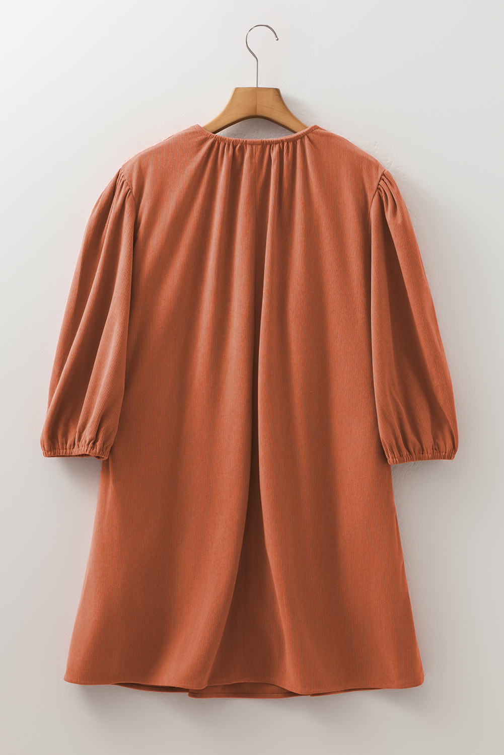 Women's Mini Dress, Cinnamon Color, Corduroy Fabric, Bracelet Sleeves, V Neck, Pleated Design, Scallop Detail, Casual Style, Fall Fashion, Autumn Outfit, H-Line Silhouette, Daily Wear, Long Sleeve Dress - Detail View 8
