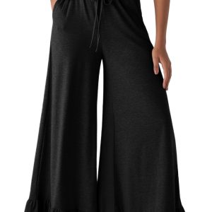 Women's Black Ruffled Wide Leg Pull-On High Waist Pants with Pockets - Main View
